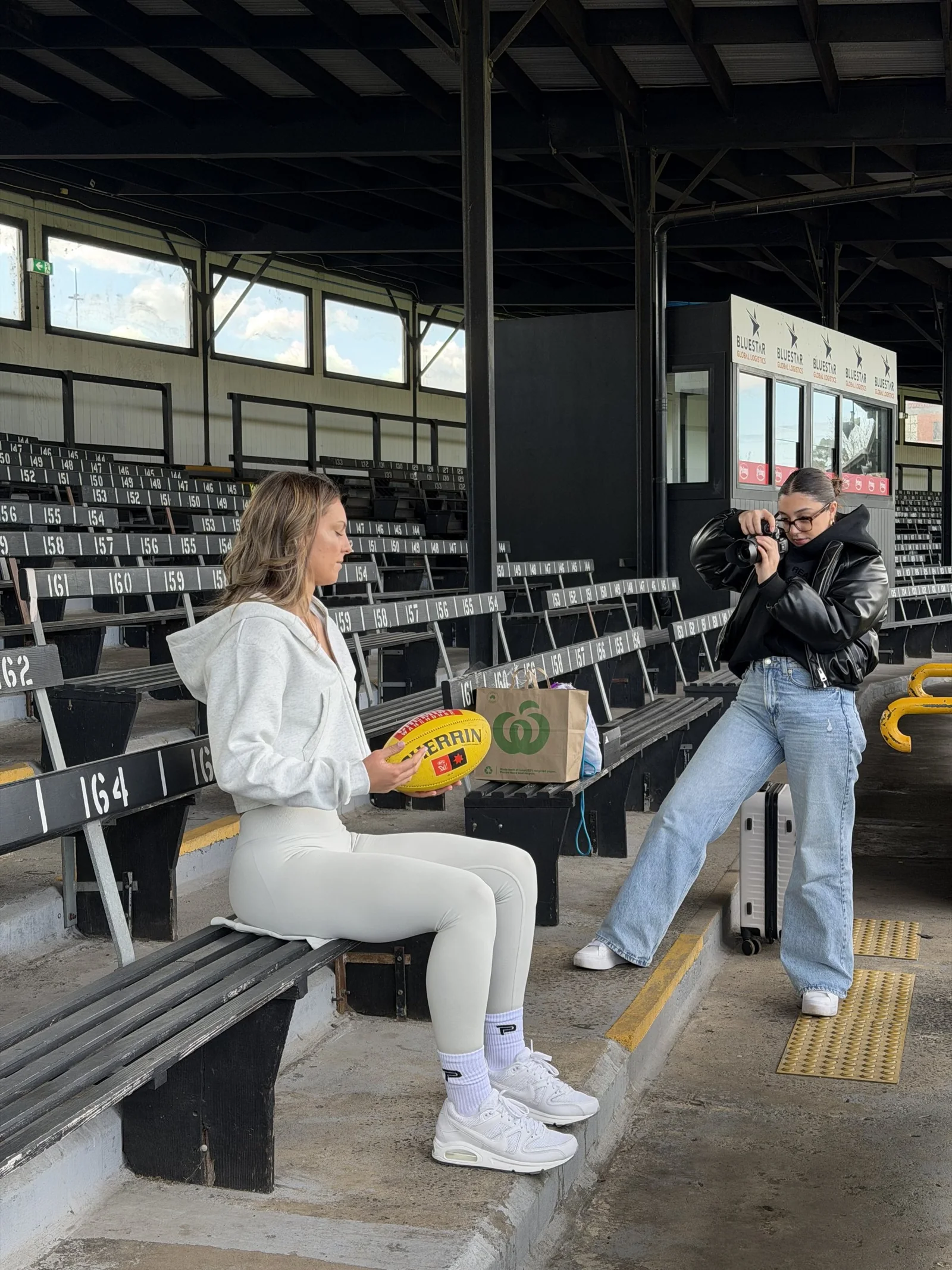 Behind the scenes at a shoot in a grandstand